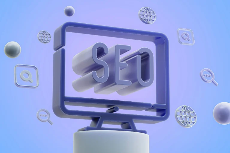 Illustration 3D avec le mot SEO au centre, entouré d’icônes liées au web et à la recherche, sur fond bleu moderne. Représentation du référencement et de l’optimisation des performances web.