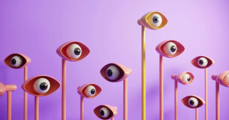 Illustration des yeux symbolisant l'attention dans la méthode AIDA en copywriting, sur fond violet.