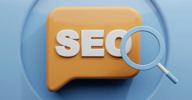 Illustration SEO : différence entre les liens follow et no-follow, représentée par une bulle orange avec l’inscription SEO et une loupe bleue qui explore le concept
