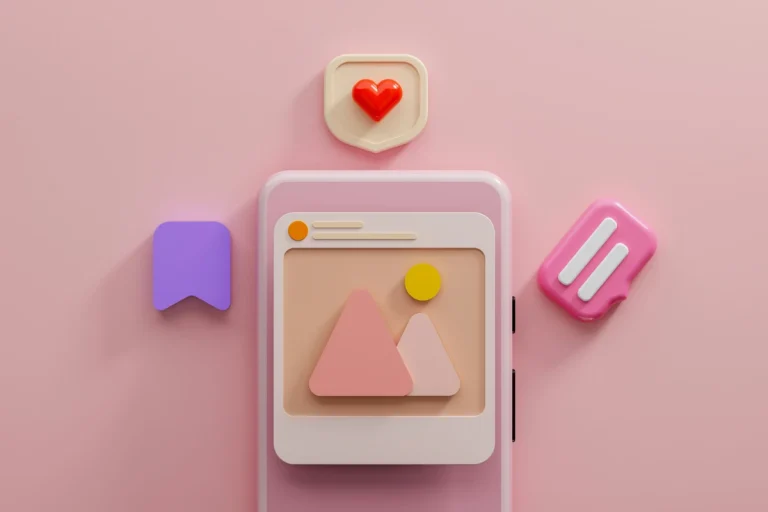 Illustration 3D d’un smartphone affichant une publication Instagram avec des icônes d'engagement, représentant le marketing, la vente et l'entrepreneuriat sur Instagram sans site internet.