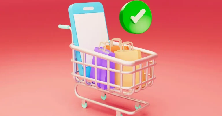 Illustration représentant comment créer une page de vente sur Systeme.io : panier numérique avec smartphone et sacs d’achat colorés pour symboliser une page qui convertit.