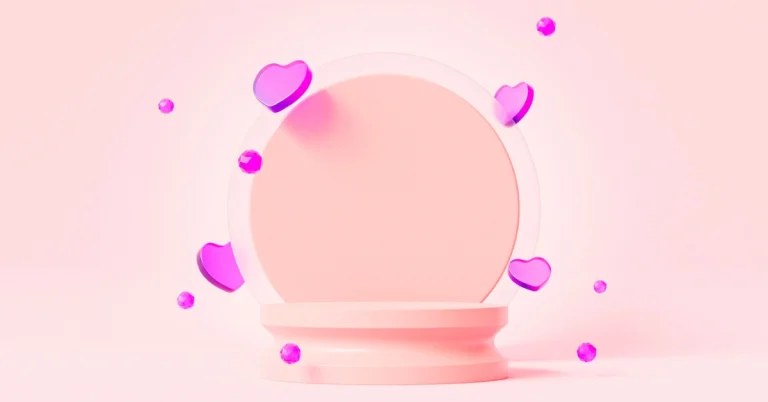 Visuel doux pour illustrer comment se présenter en tant que coach : podium rose avec cœurs flottants pour évoquer une présentation authentique et captivante.
