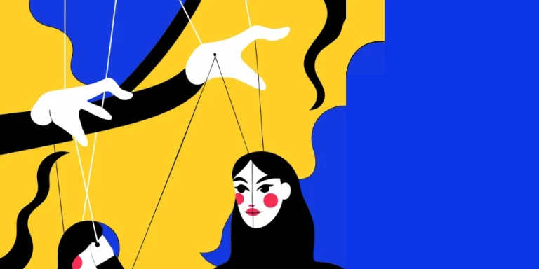 Illustration conceptuelle de la manipulation marketing : une main tire les ficelles d’un personnage comme une marionnette.