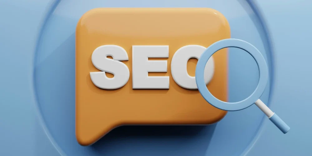Illustration SEO : différence entre les liens follow et no-follow, représentée par une bulle orange avec l’inscription SEO et une loupe bleue qui explore le concept